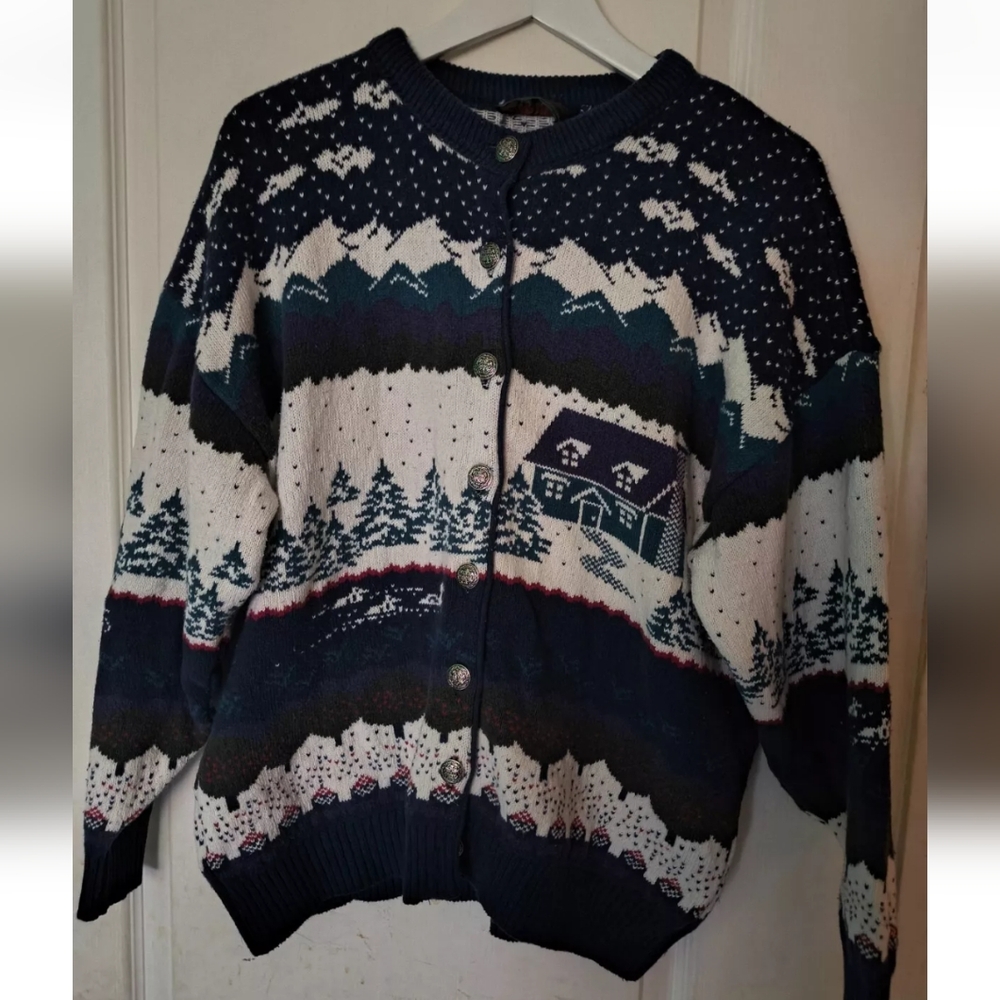 Parkhurst Blue and White Cardigan with Winter Scene